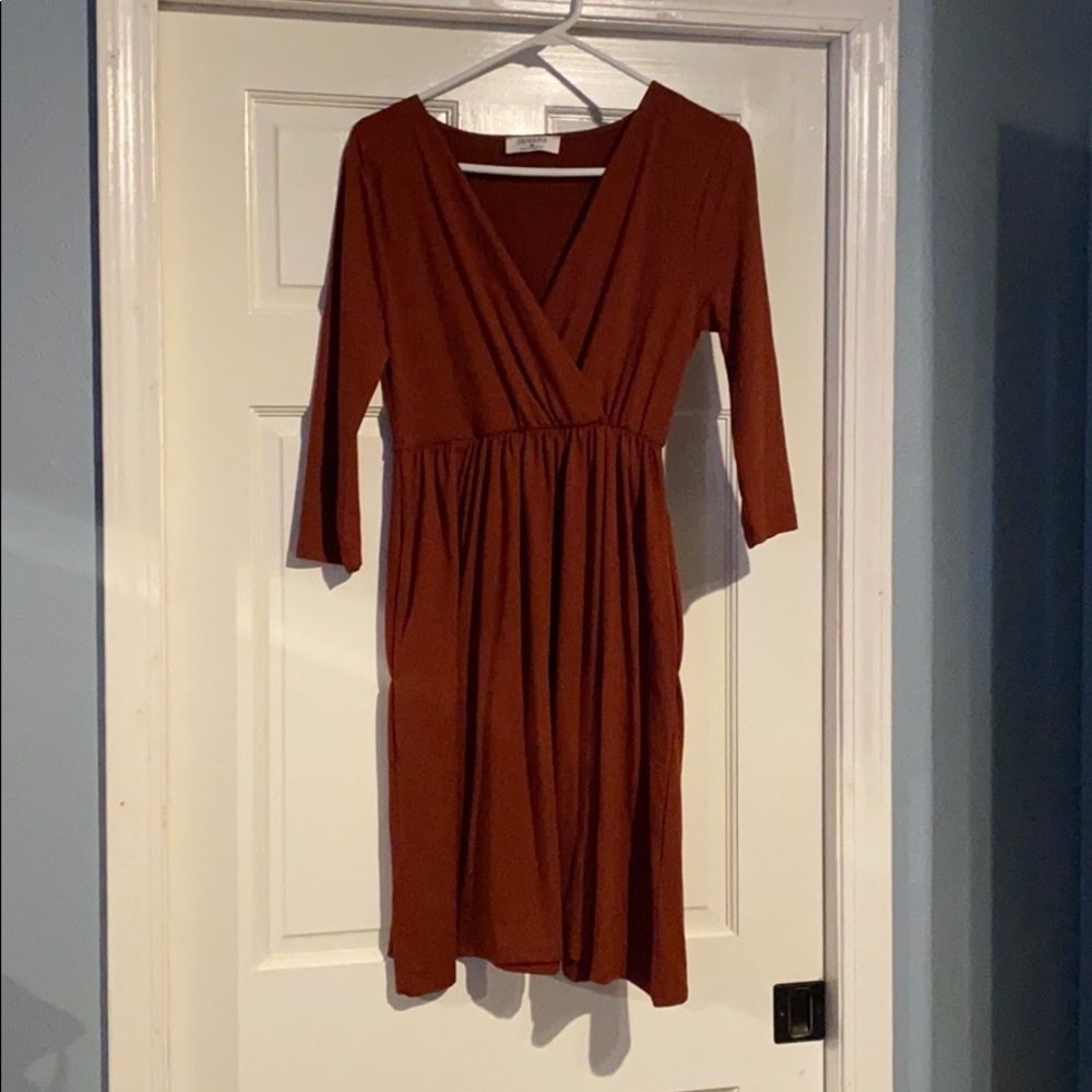Rust color, V-neck knee length,long sleeve dress